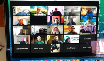 CSUMB faculty and staff meet via a Zoom videoconference after the change to limited campus operations in March.
