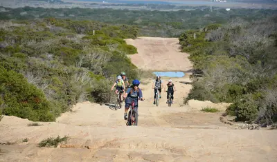 5 people riding bikes up a dirt hill