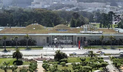 A panorama of the California Academy of Sciences in San Francisco's Golden Gate Park