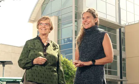 From left: Konny Murray and Jacqueline Grallo, interim library dean, outside the Tanimura & Antle Family Memorial Library at CSUMB. Photo by Randy Tunnell